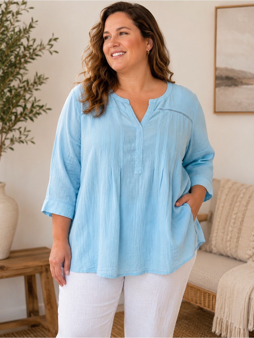 J.Jill XL Aqua Blue 100% Cotton Gauze Tunic Top 3/4 Sleeve Boho Coastal Grandma